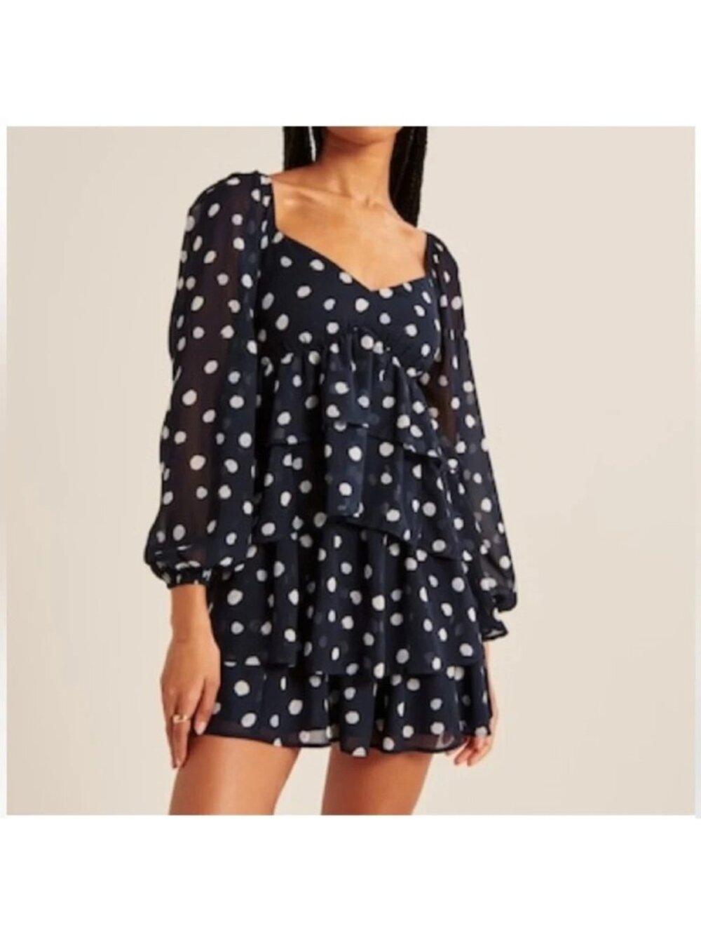 Abercrombie & Fitch Tiered Mini Dress Size XXL Navy Polka Dot Long Sleeve Ruffle